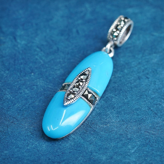 Vintage Sterling 925 silver handmade pendant with turquoise and marcasite