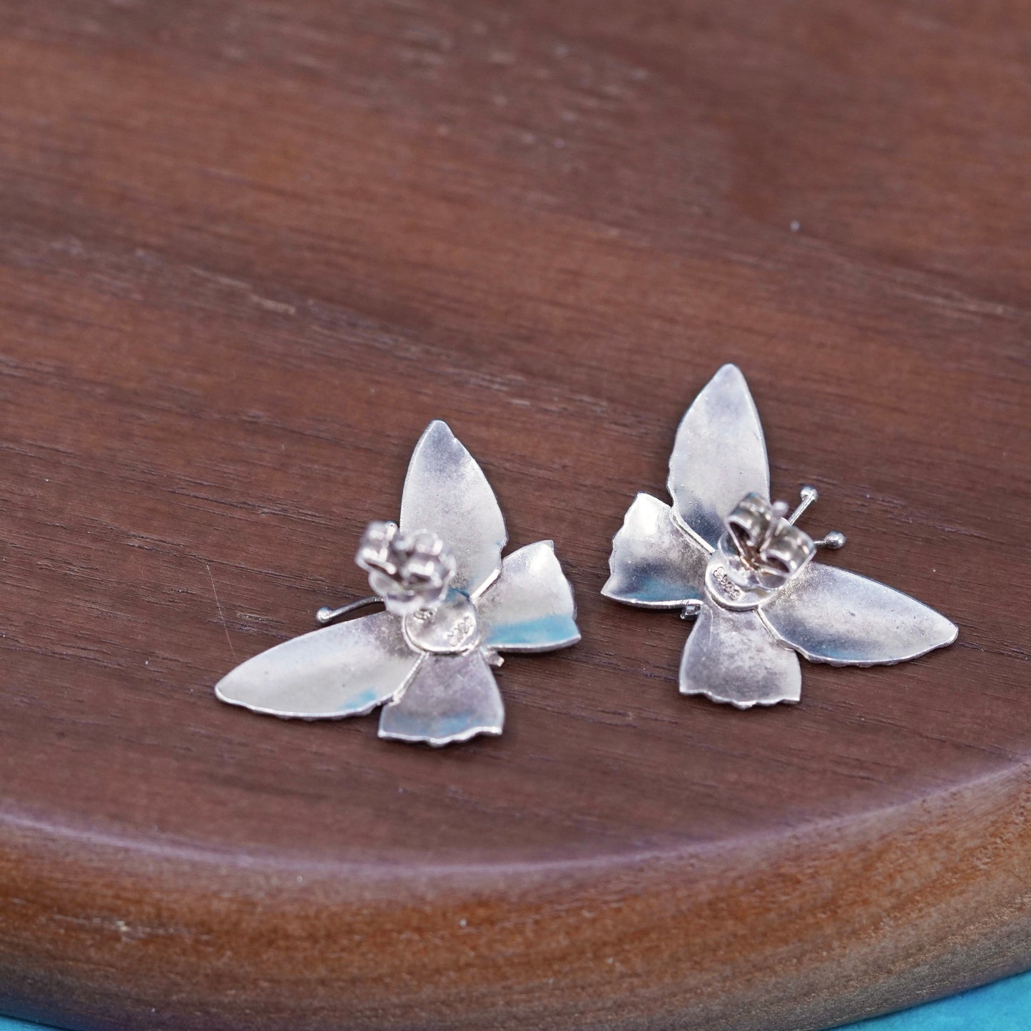 Vintage Sterling silver handmade earrings, 925 enamel butterfly studs
