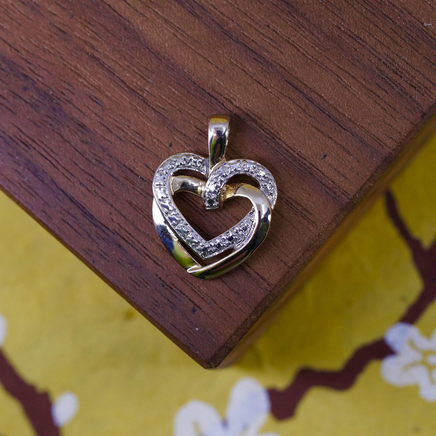 Vintage gold over sterling silver pendant, 925 double hearts genuine diamond