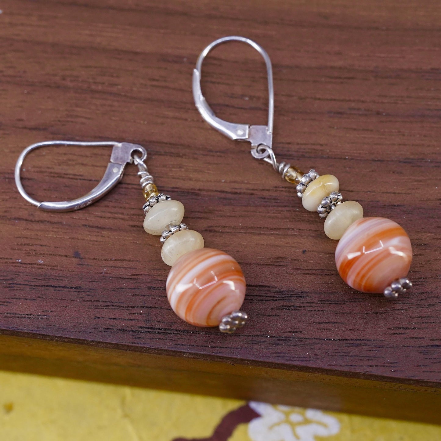 VTG Sterling silver handmade earrings, 925 lever back hooks orange agate beads