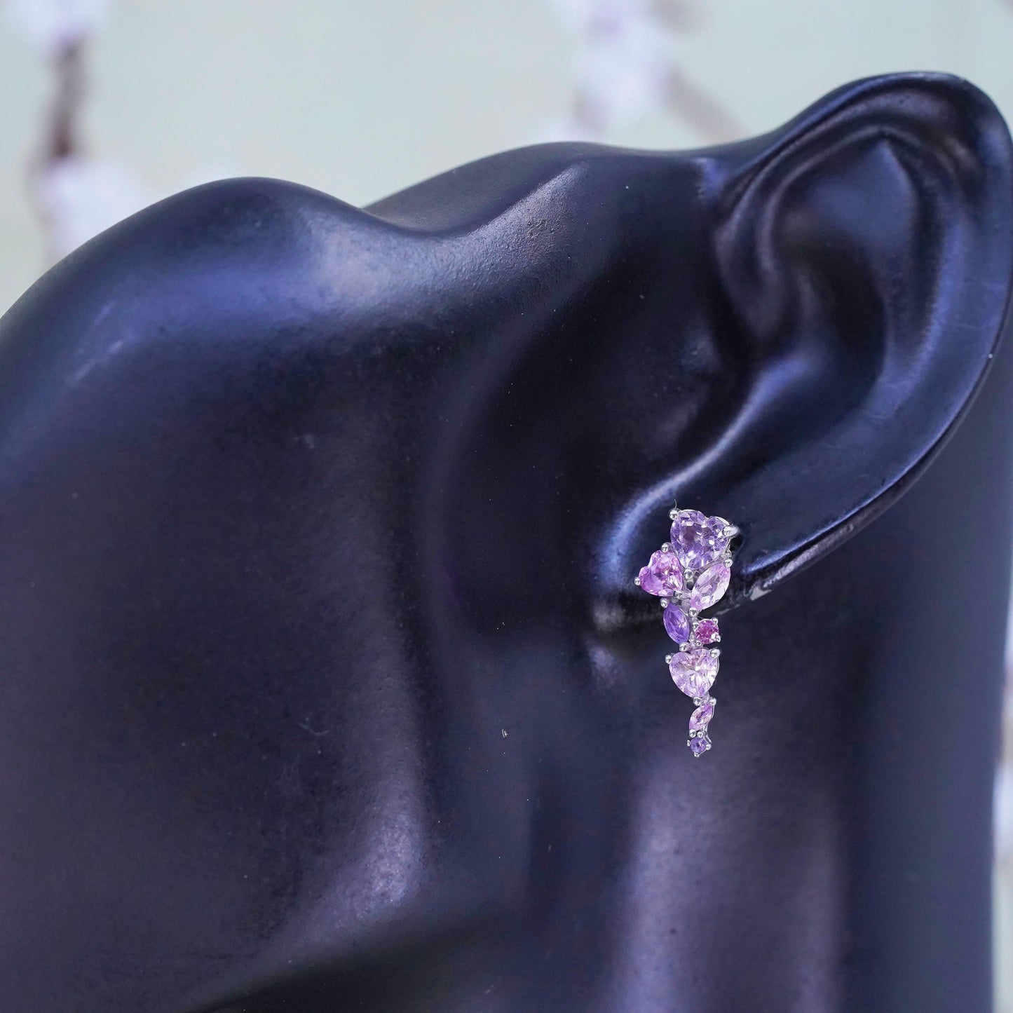 Vintage Sterling silver handmade earrings, 925 flower studs w/ cluster amethyst