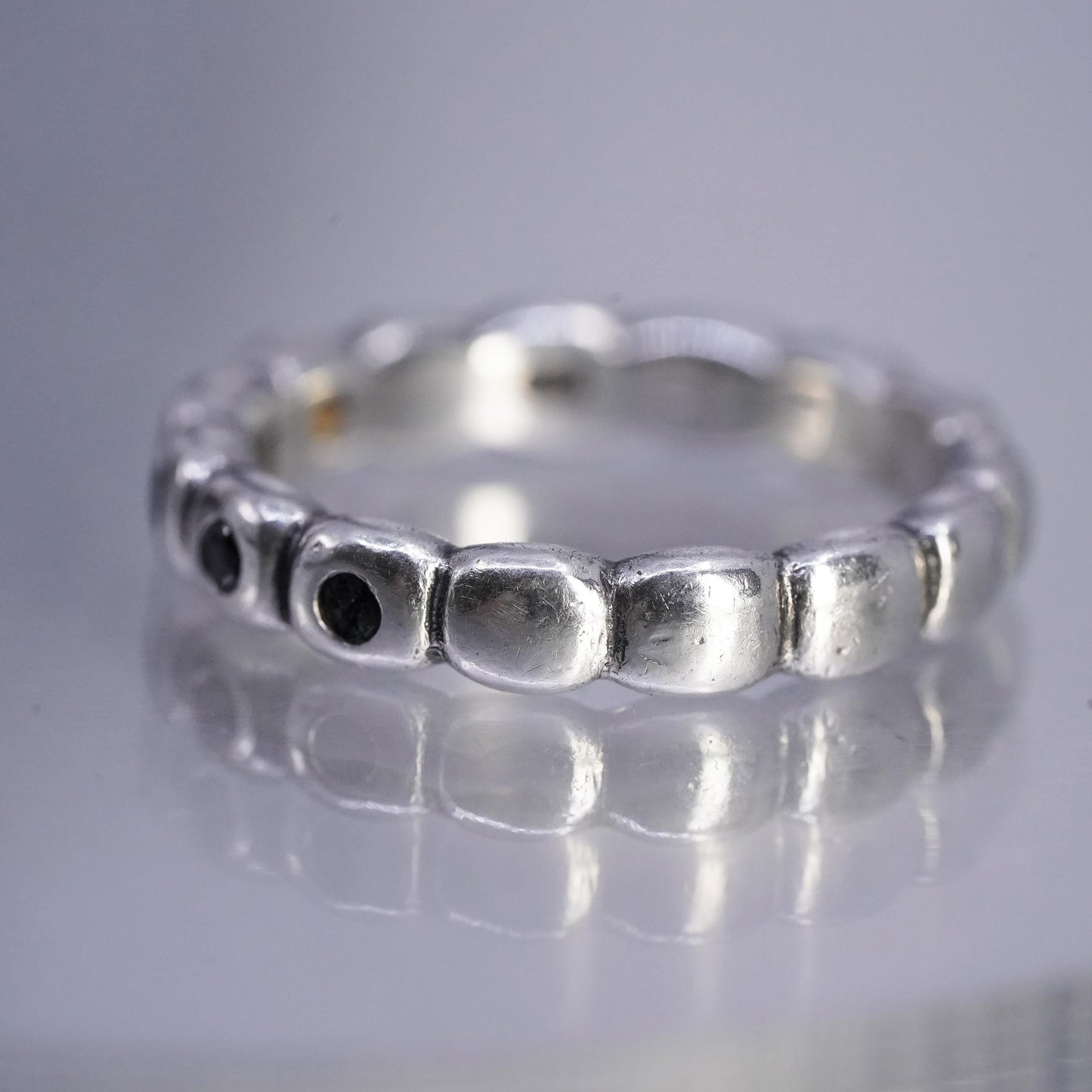 Size 8, vintage ALE Sterling 925 silver stackable band ring w/ cluster black cz