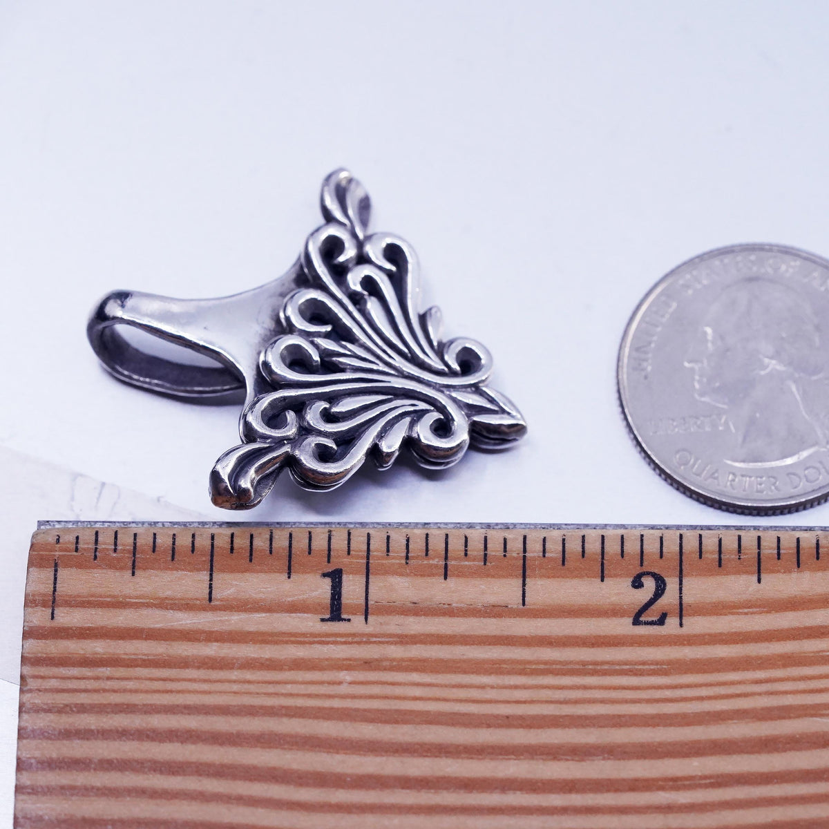 Vintage Sterling Silver 925 Ornate Scrollwork Pendant, Large Bail, Art Nouveau