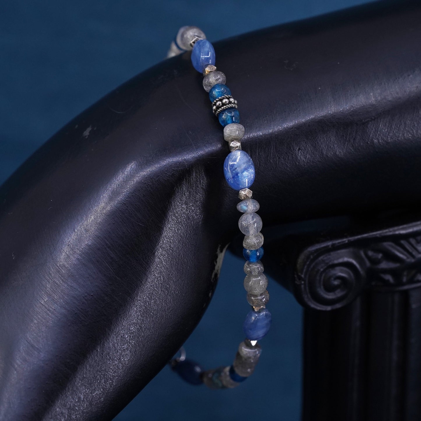 7.75”, sterling silver bracelet with blue Swarovski crystal moonstone beads