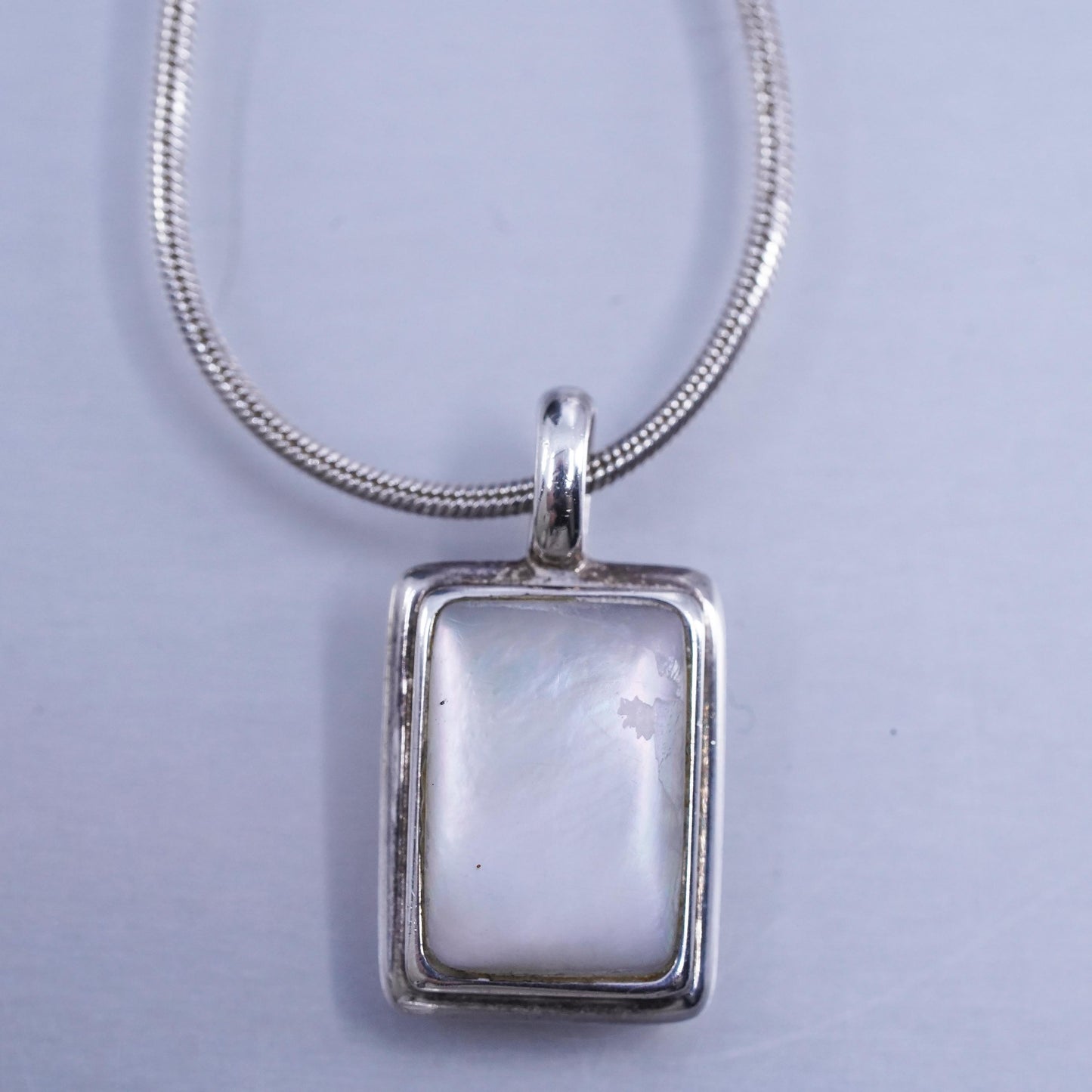 16”, Sterling 925 silver snake chain necklace with pink mother of pearl pendant