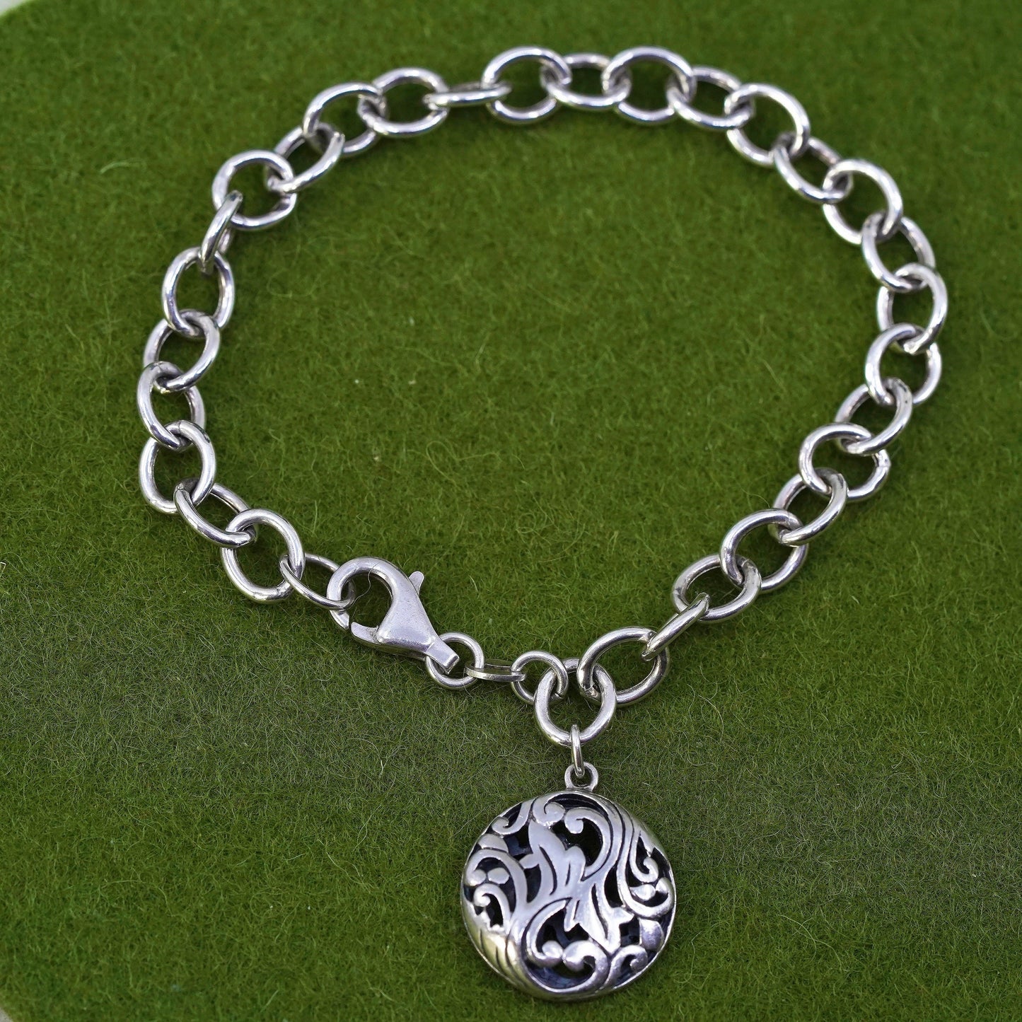 7", sterling 925 silver circle link charm bracelet with filigree circle charm
