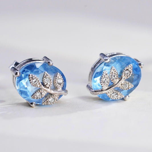 Vintage Sterling silver earrings, 925 studs with blue topaz and leaves