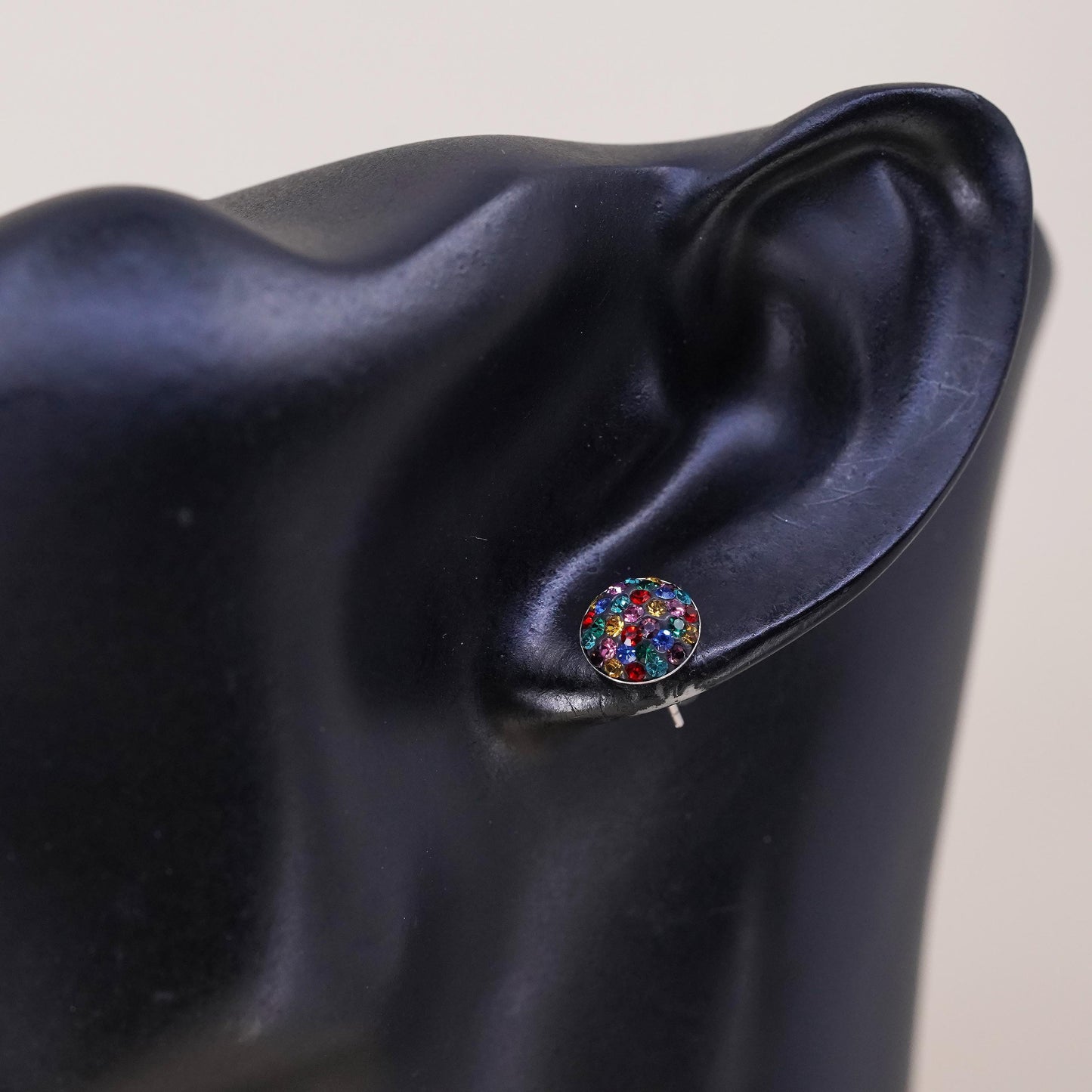 Vintage handmade single earring. Sterling 925 silver rainbow cz stud