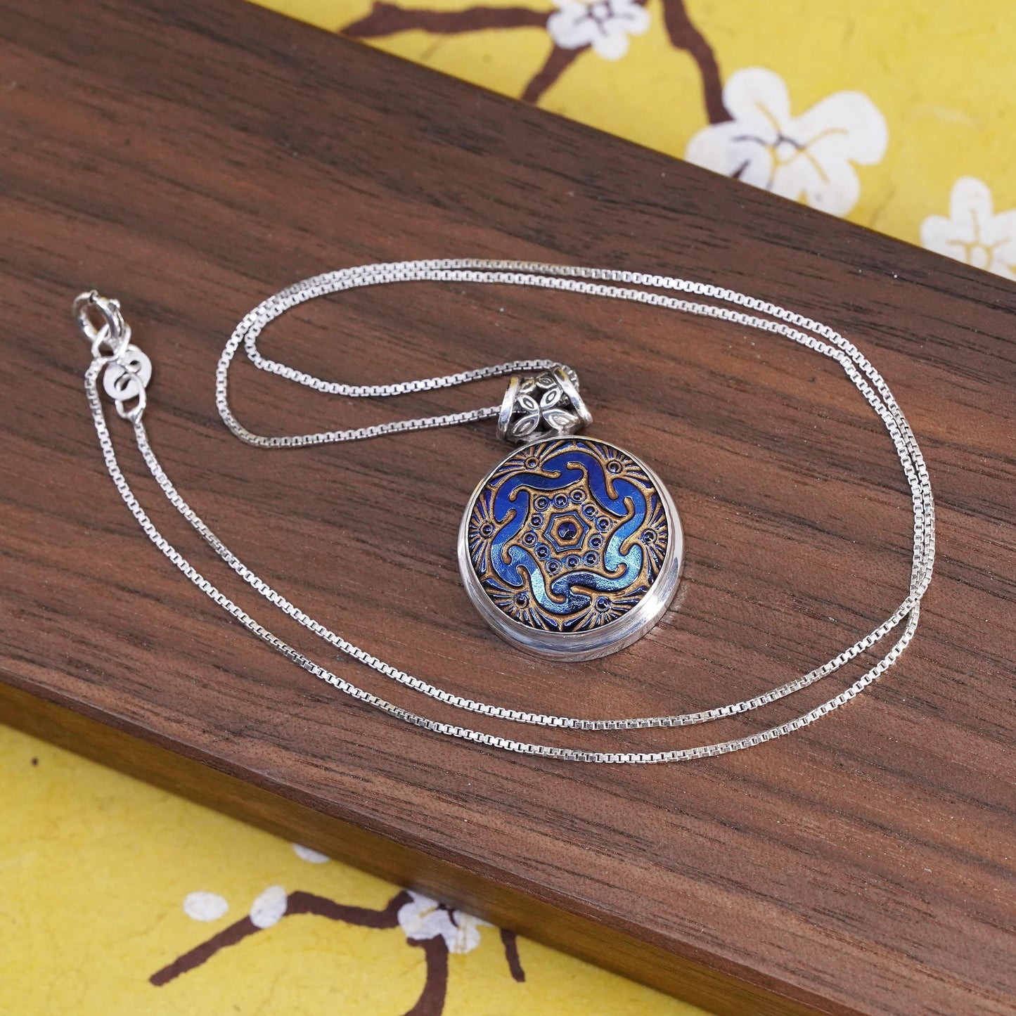 18" Sterling 925 Silver Blue Enamel Mandala Pendant Necklace, Gold Washed, Boho