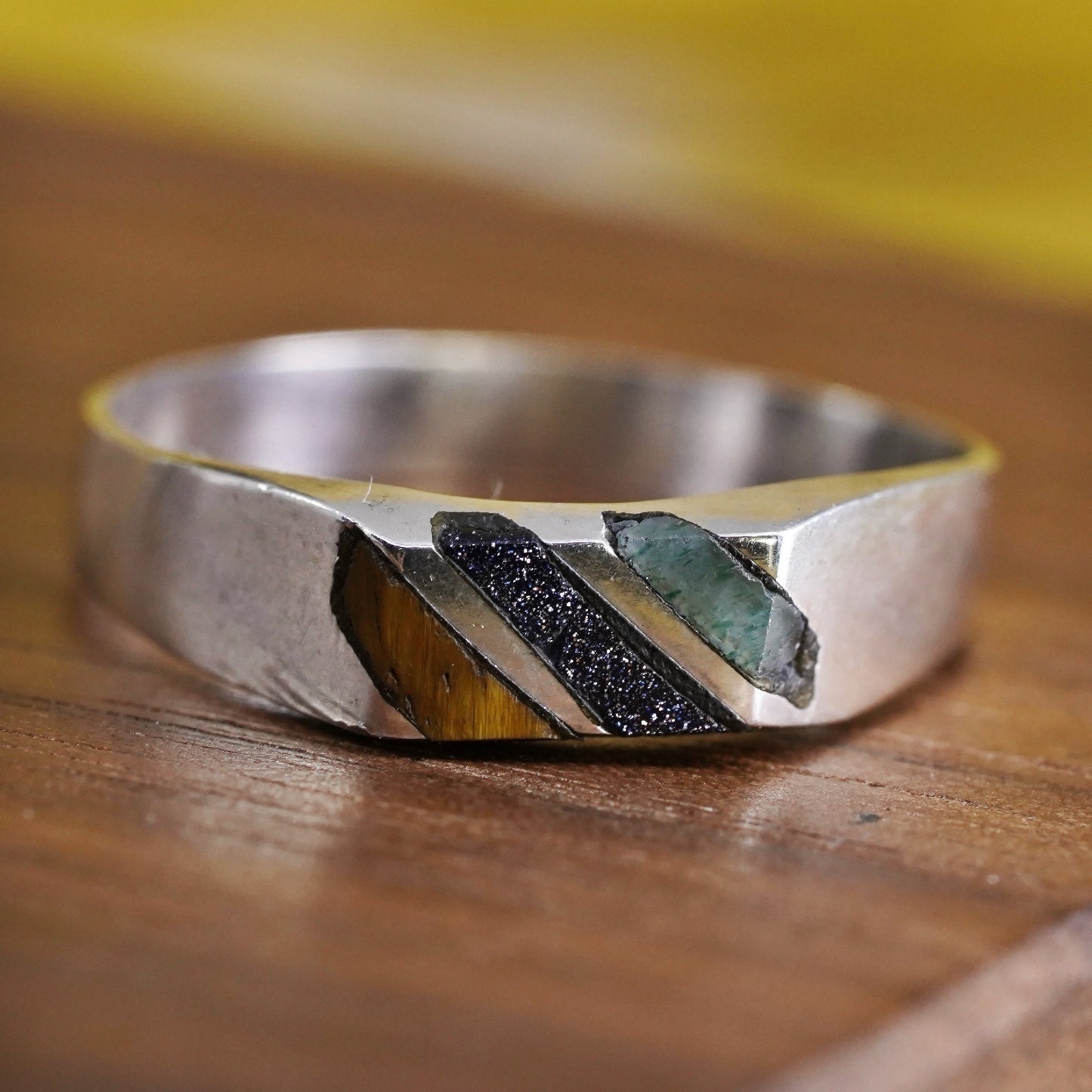 Size 7.25, Sterling silver ring with golden tiger eye inlay, stackable 925 band