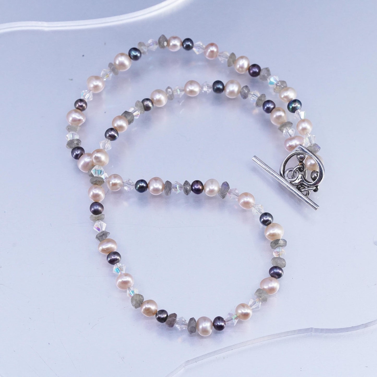 16" Vintage Sterling 925 silver handmade necklace With Pearl, Crystal Beads