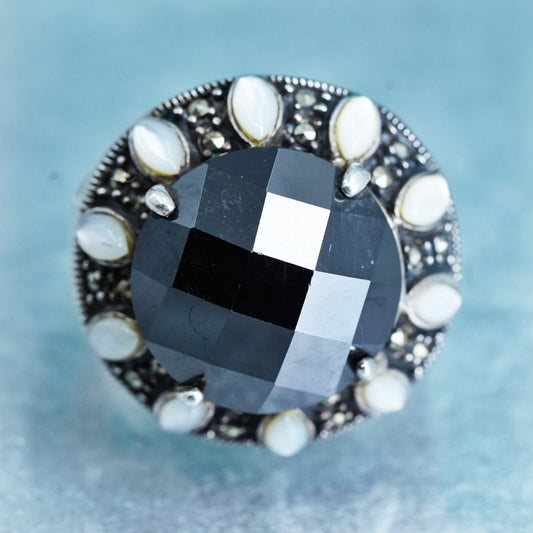 Size 8, vintage Sterling 925 silver handmade ring with hematite, MOP marcasite