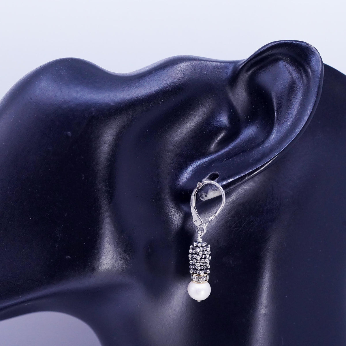 Sterling Silver 925 Pearl Drop Earrings, Rhinestone Dangles, Oxidized Leverback