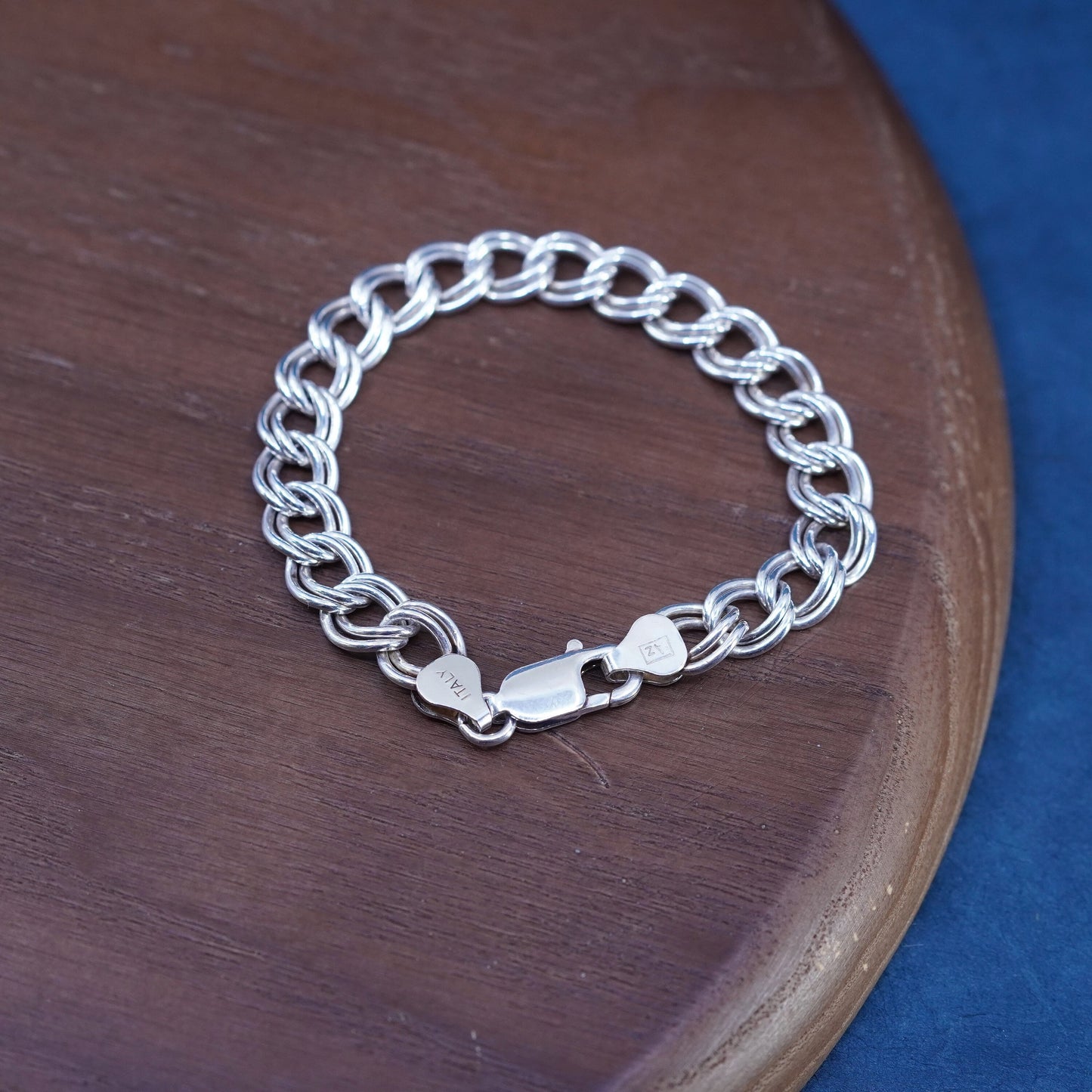 6.5”, VTG Sterling silver handmade charm bracelet, 925 double curb link chain