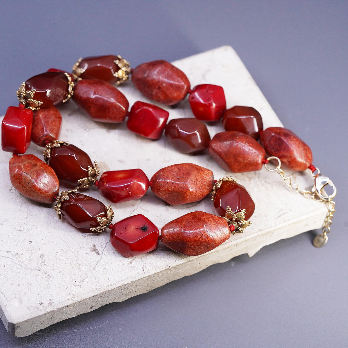 20+1", LUC Vermeil Gold Sterling 925 Silver necklace coral carnelian nuggets