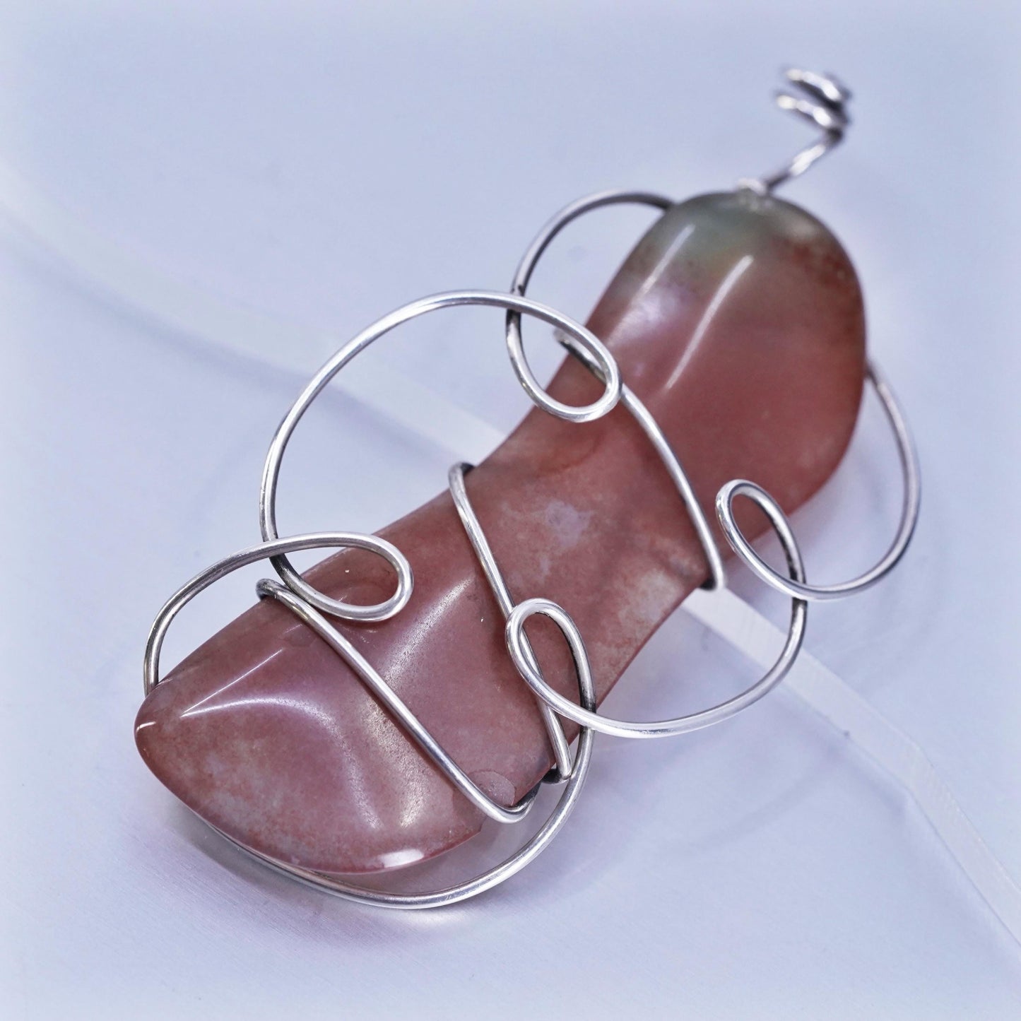 Vintage sterling 925 silver handmade wired agate pendant, stamped silver tested