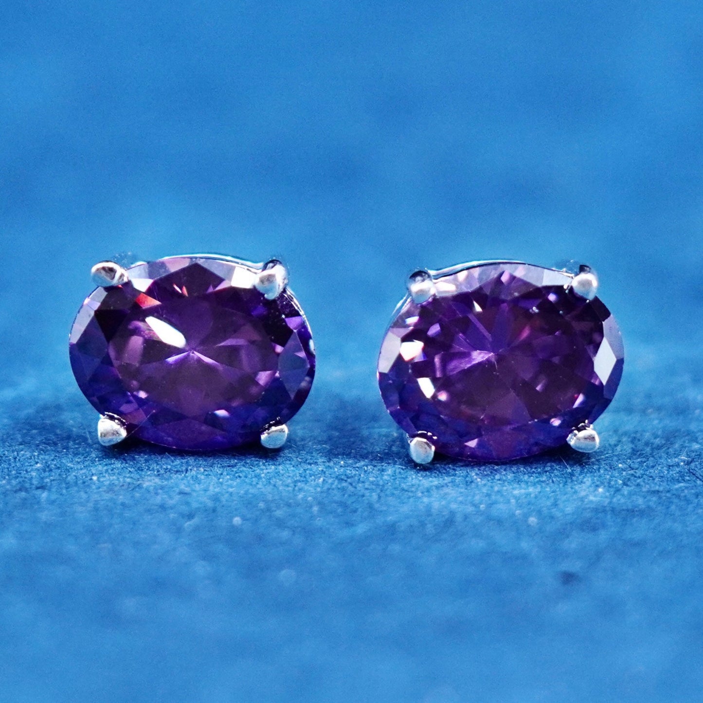 Vintage sterling silver handmade earrings, 925 oval studs with amethyst
