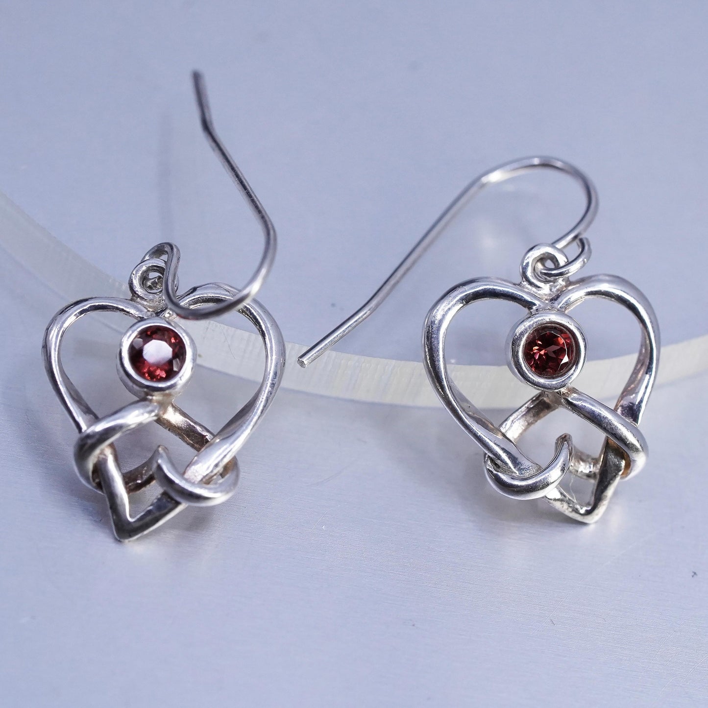 Vintage Sterling 925 silver heart earrings with garnet