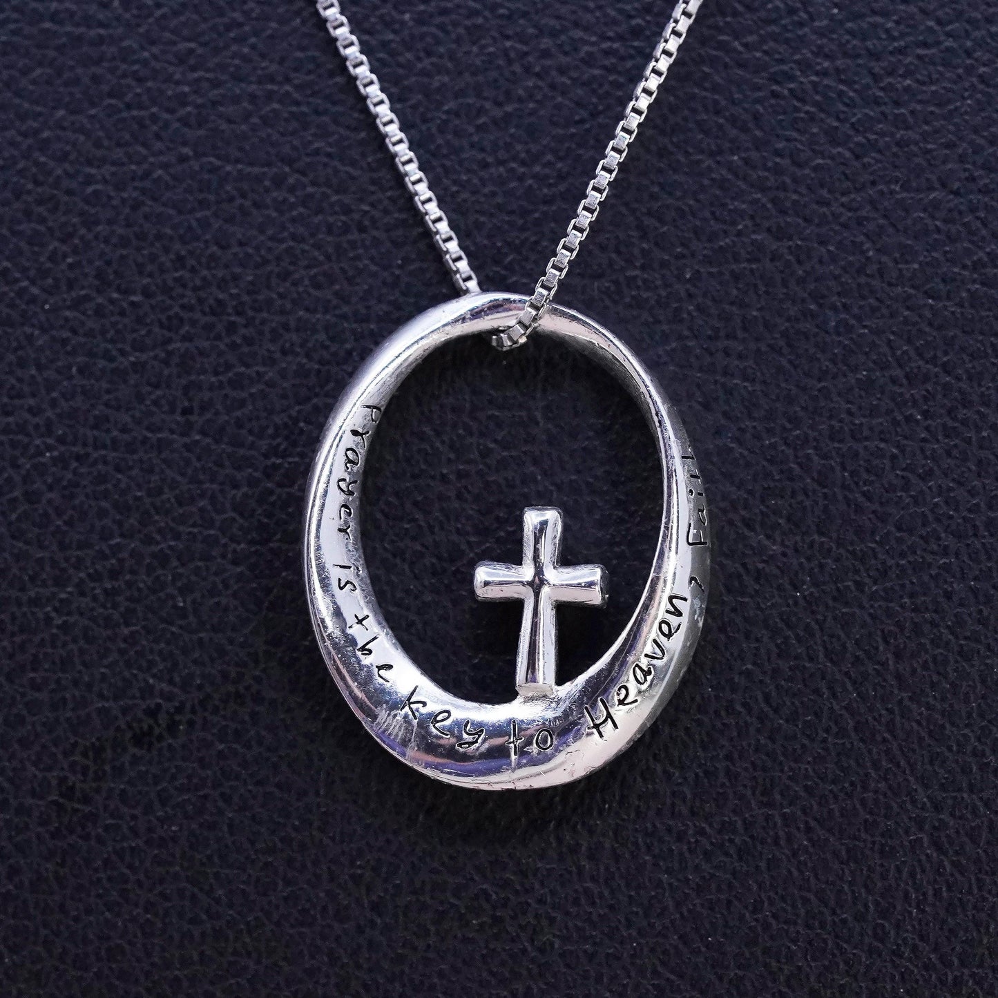 18", Vintage Sterling 925 silver box necklace oval cross pendant, prayer heaven