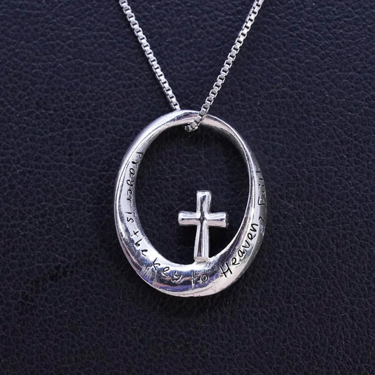 18", Vintage Sterling 925 silver box necklace oval cross pendant, prayer heaven