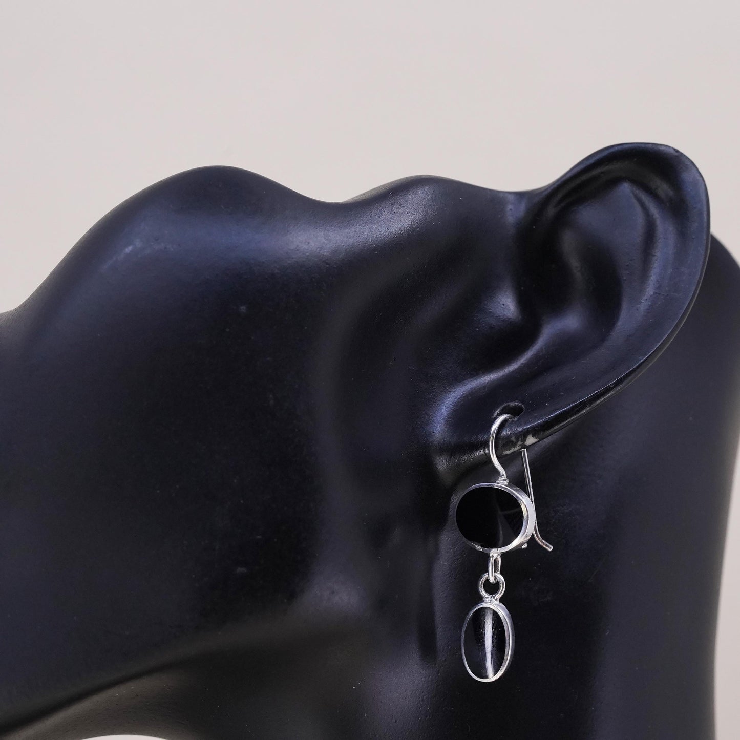 Vintage handmade single earring. Sterling 925 silver hook with onyx inlay