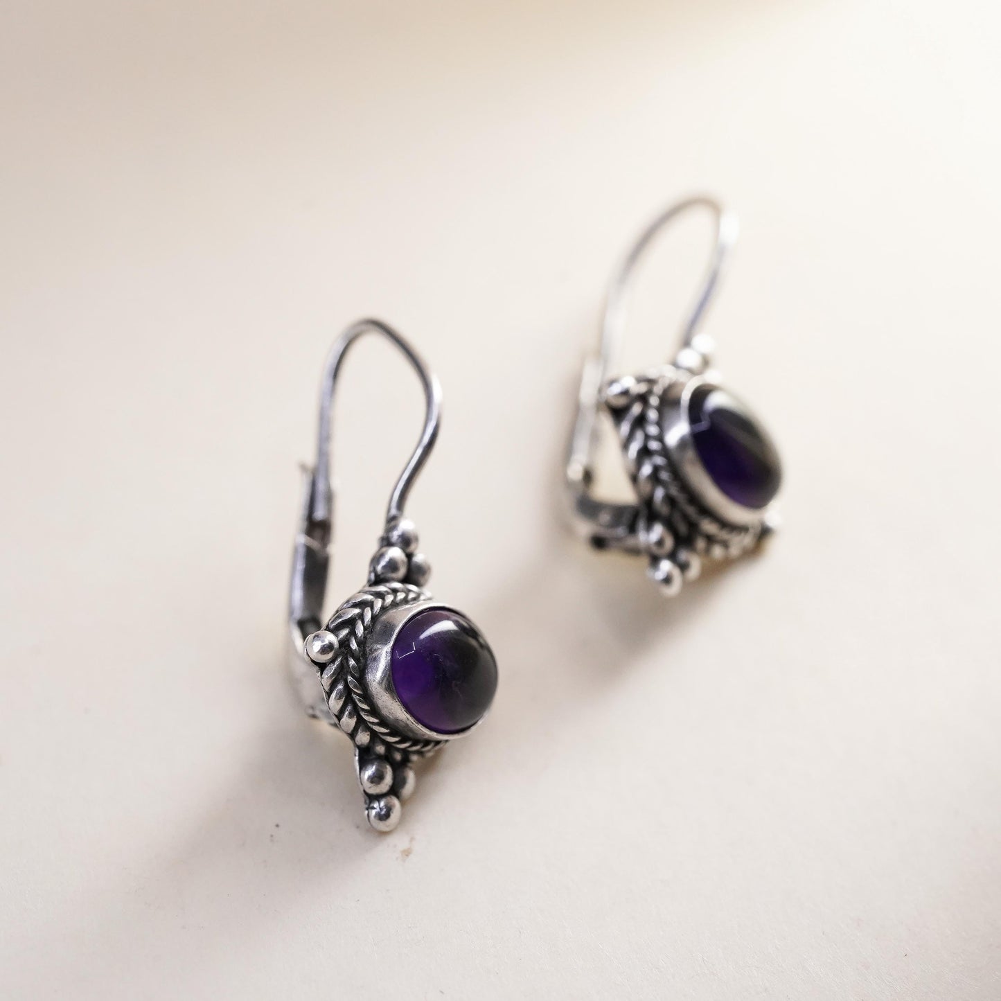 Vintage Sterling 925 silver handmade earrings with circle amethyst and beads
