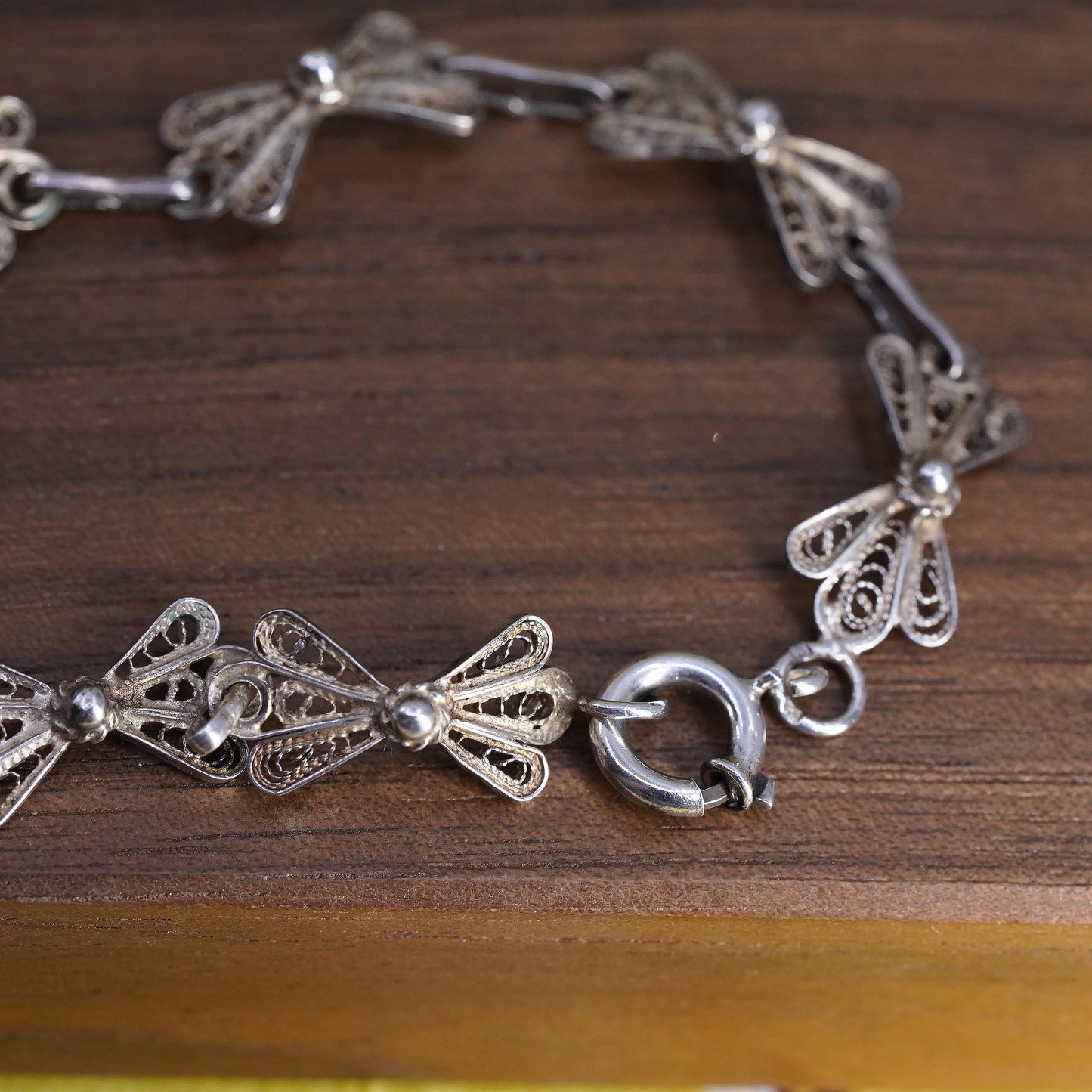 7.5", VTG 925 Sterling silver handmade bracelet, filigree ribbon bow tie chain