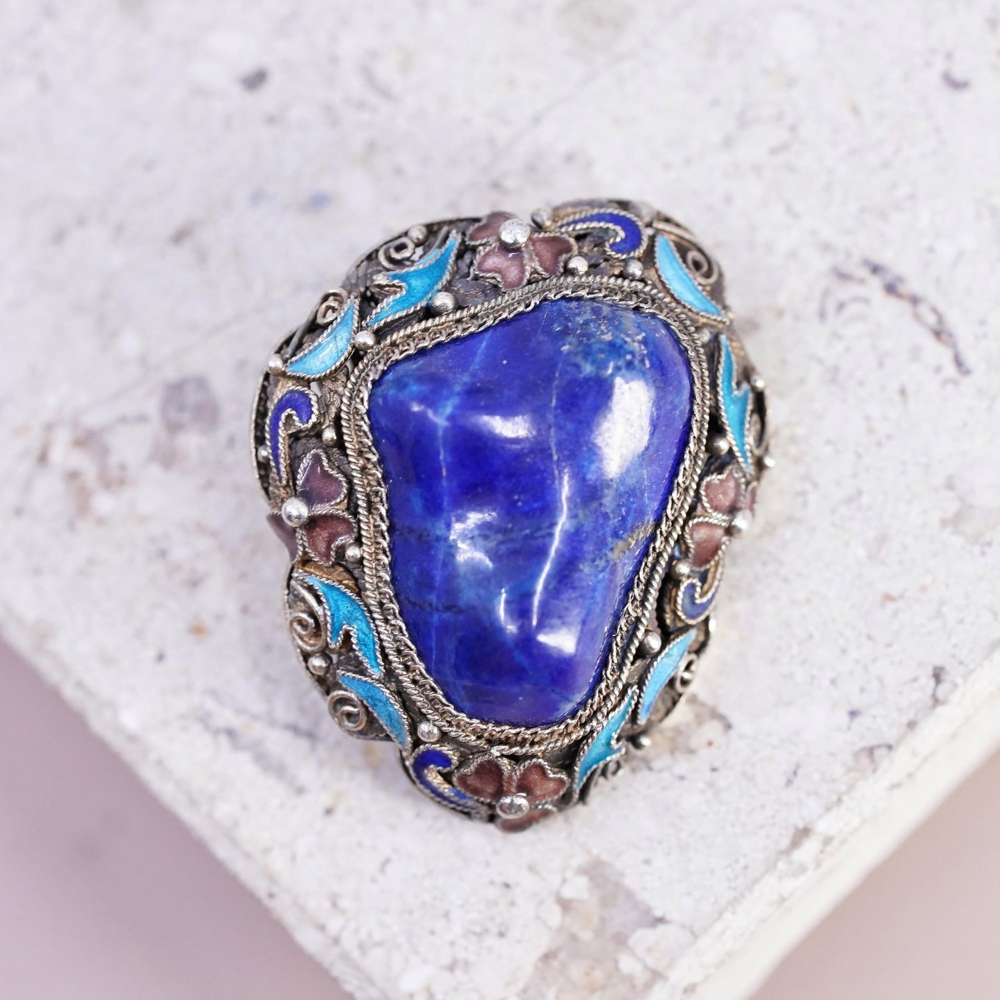 gold tone sterling silver brooch, 925 filigree pin with enamel and lapis lazuli
