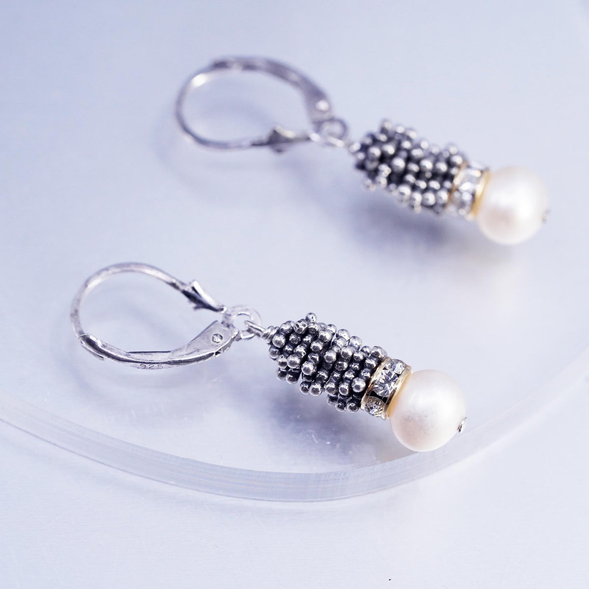 Sterling Silver 925 Pearl Drop Earrings, Rhinestone Dangles, Oxidized Leverback