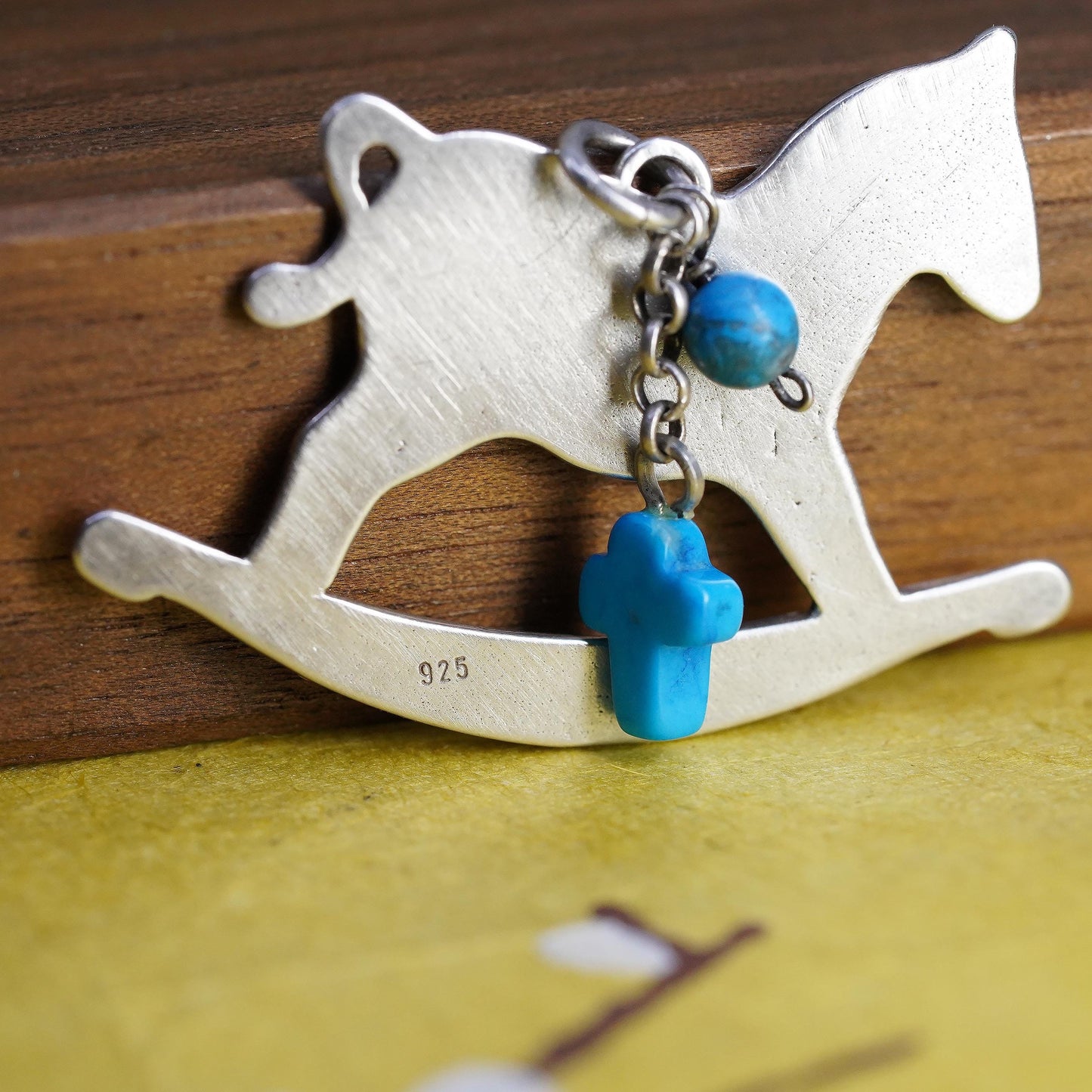 925 Sterling Silver Rocking Horse Pendant Turquoise Cross Charm, Nursery Horse