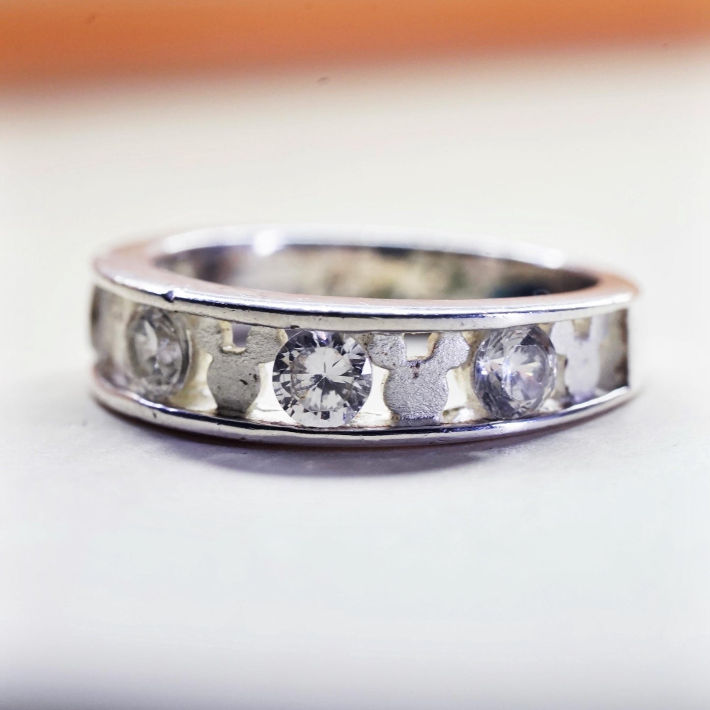Size 5.25, vintage Disney sterling 925 silver Mickey Mouse band ring with CZ