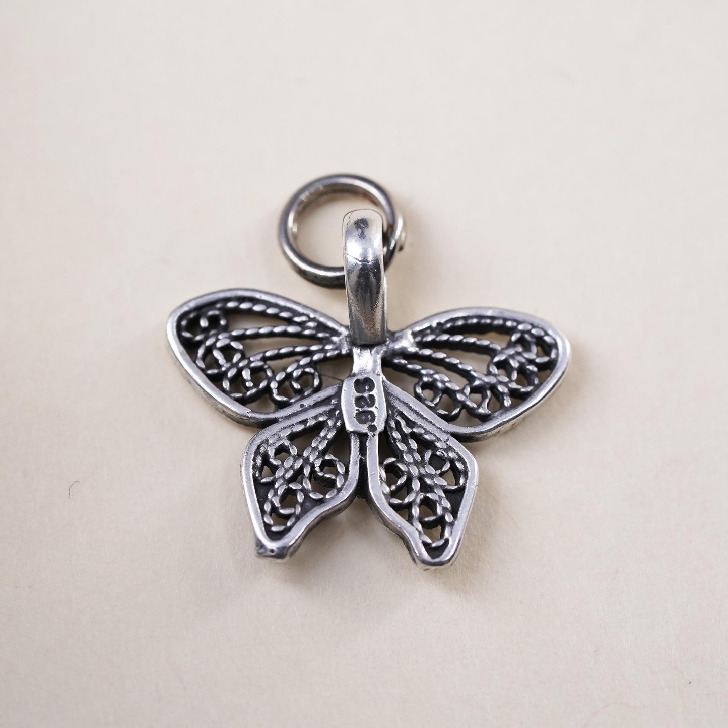 Vintage sterling silver filigree butterfly pendant, 925 handmade charm