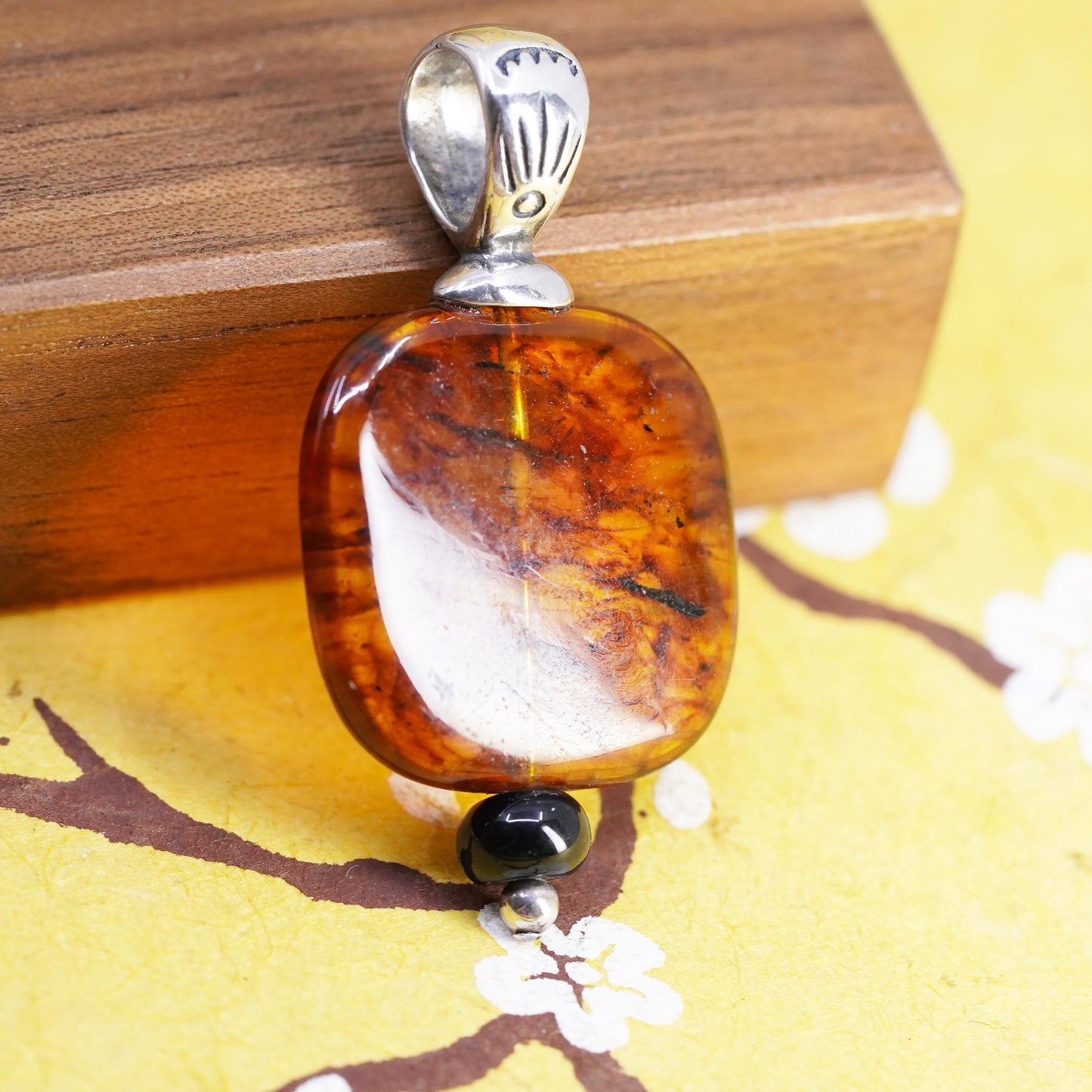 Vintage southwestern Shube Sterling 925 silver handmade pendant w/ Square amber