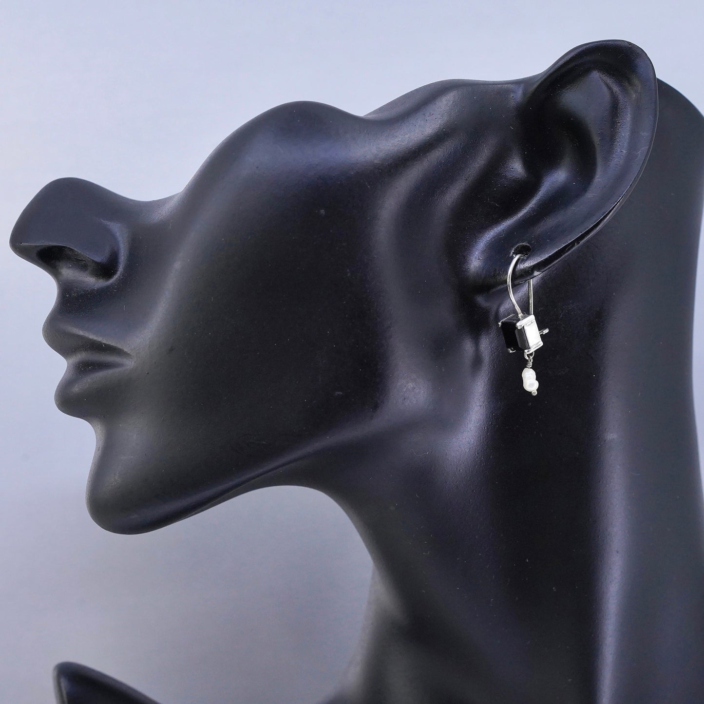 Sterling 925 silver handmade earrings with square obsidian and pearl dangles