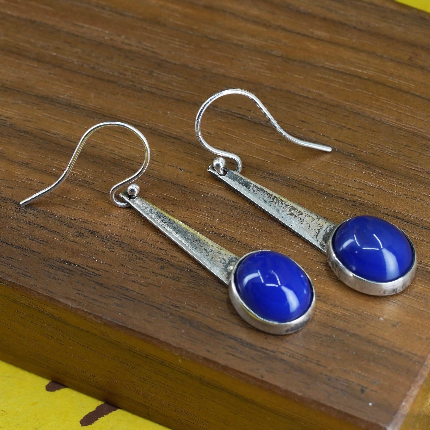 Vintage Sterling 925 silver handmade earrings with blue onyx inlay