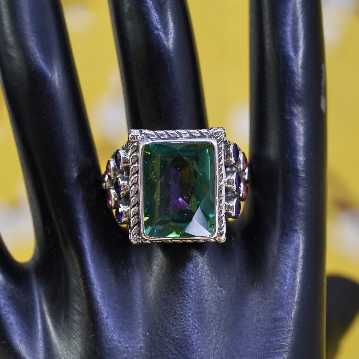 Size 10, Sterling 925 silver ring square peridot amethyst peridot citrine