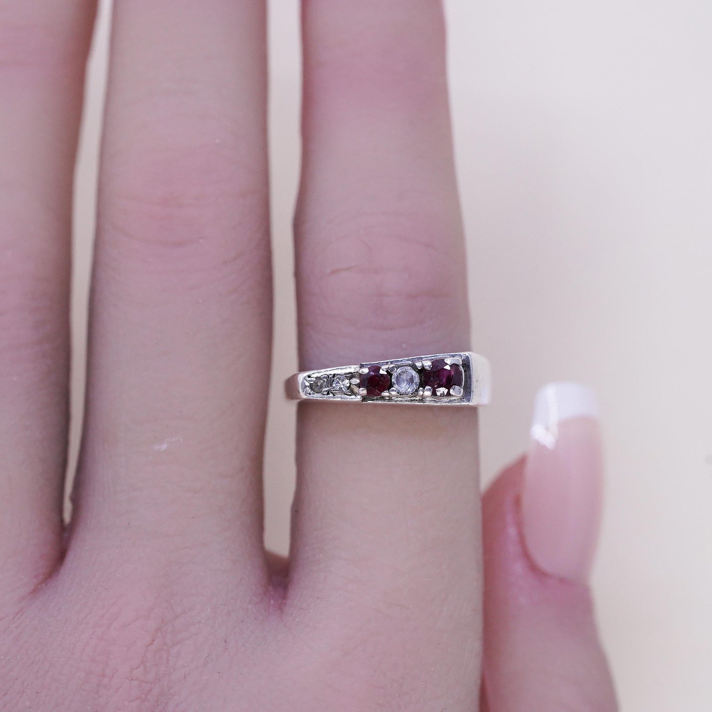 Size 6, Vintage sterling silver handmade ring, 925 stackable band with ruby cz