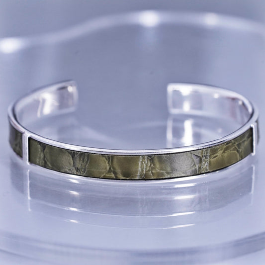 6.75”, Vintage Italian Sterling 925 silver bracelet, green leather inlay cuff