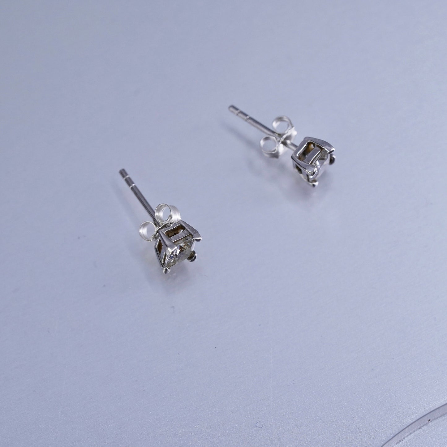 4mm, Vintage Sterling 925 silver handmade earrings, square cz studs