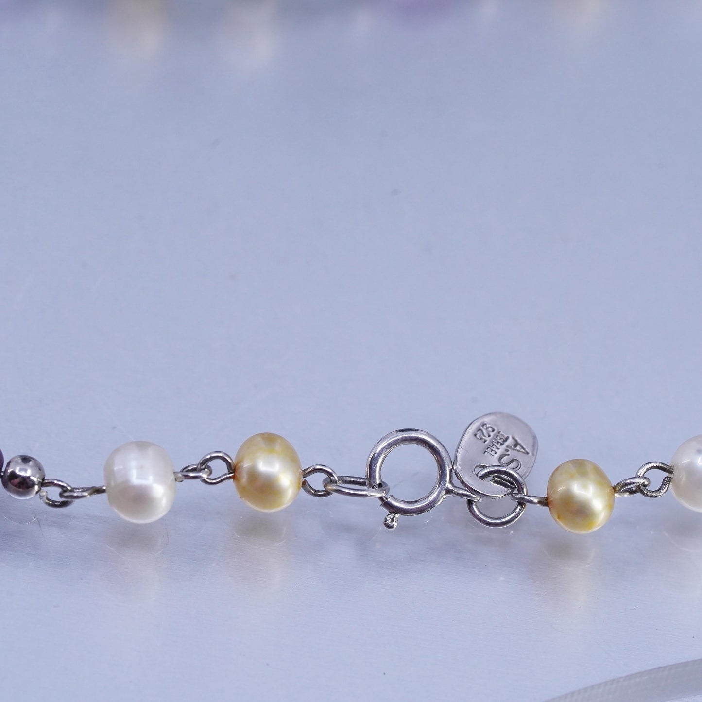 16", Sterling 925 silver necklace with pearl beads and nugget amethyst pendant