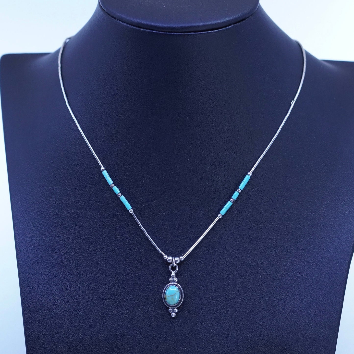 16”, Native American Sterling 925 liquid silver necklace with turquoise pendant
