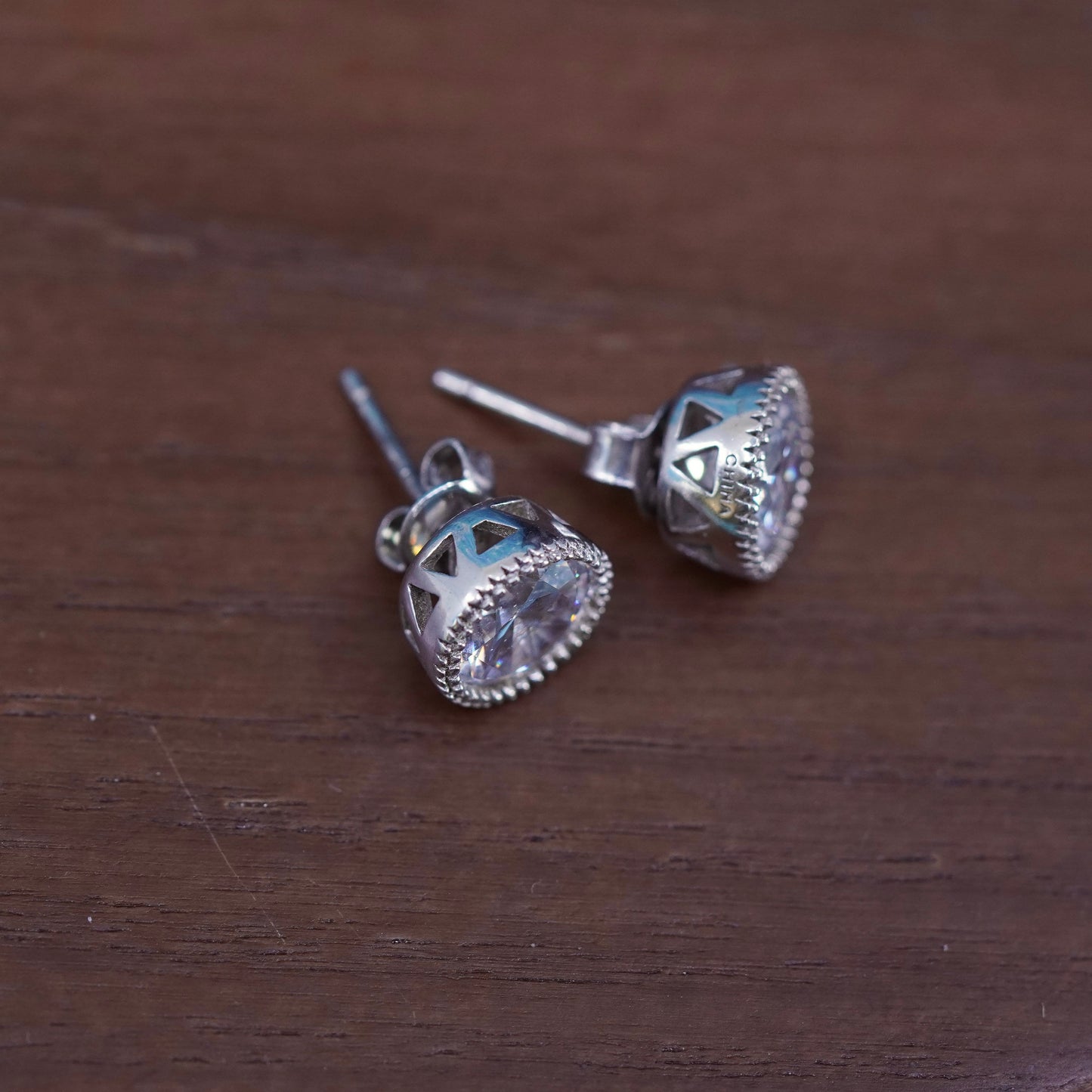 vintage Sterling silver clear round crystal studs, cz earrings