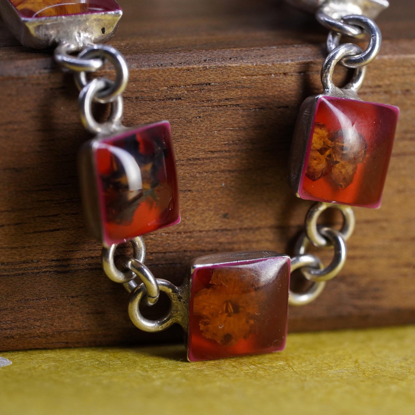 7.5", Sterling Silver Pressed Flower Bracelet, Botanical Resin Link chain, Red