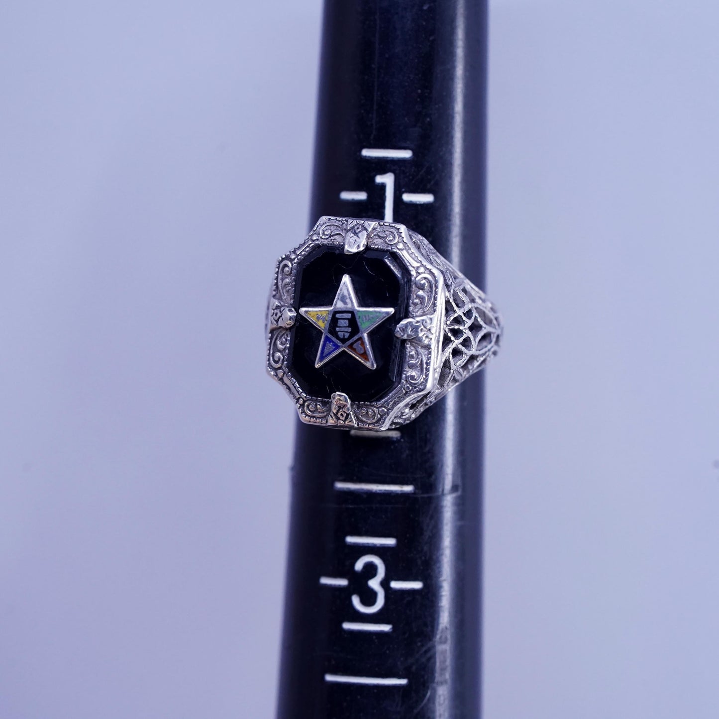 Size 2, Antique Sterling 925 Silver Onyx Ring Enamel Star, Gothic Occult Ring