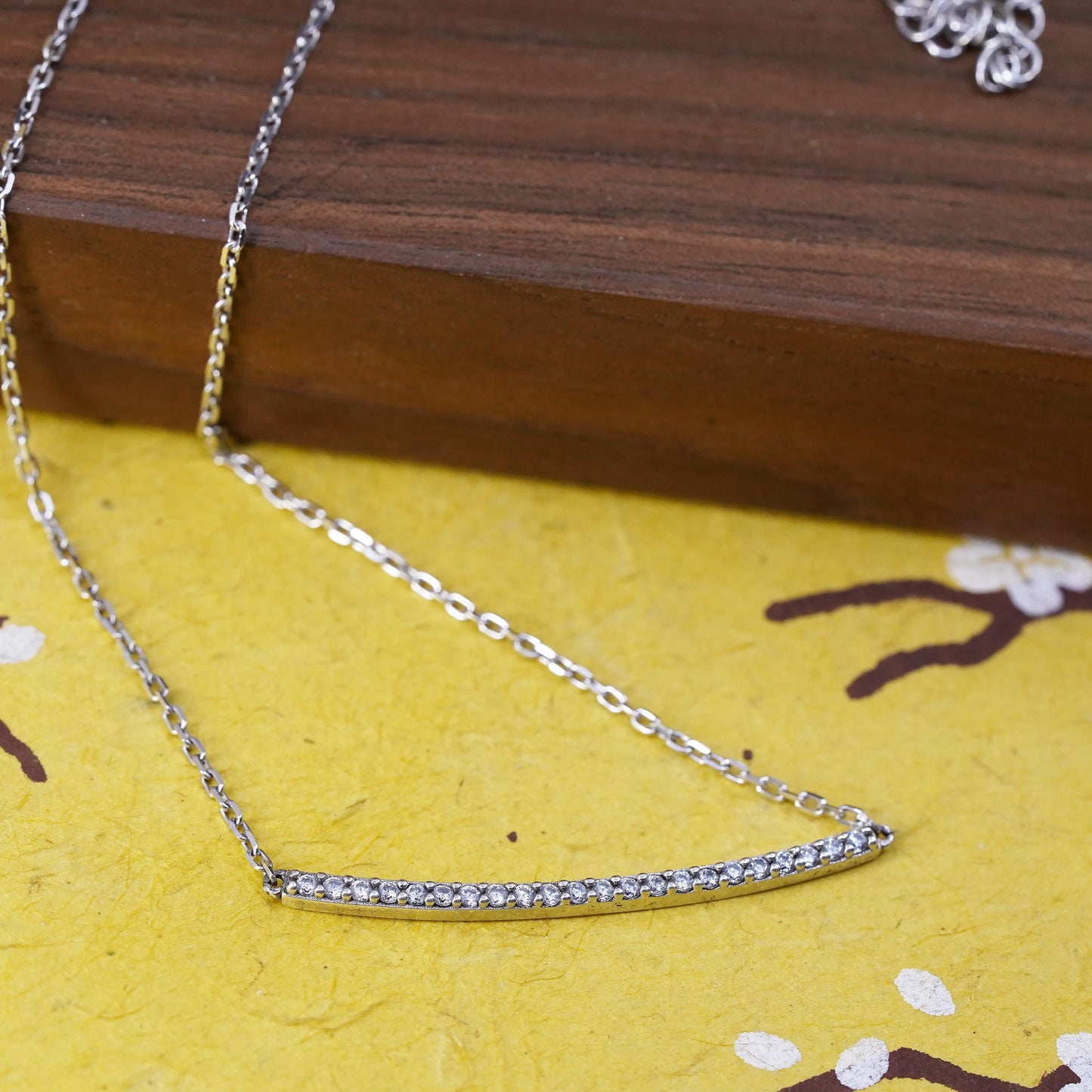 14+2", VTG Italian sterling silver necklace, 925 circle chain cz bar pendant