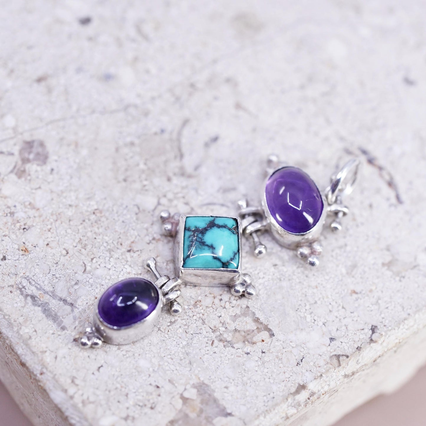 Vintage Sterling silver handmade pendant, 925 turquoise amethyst charm