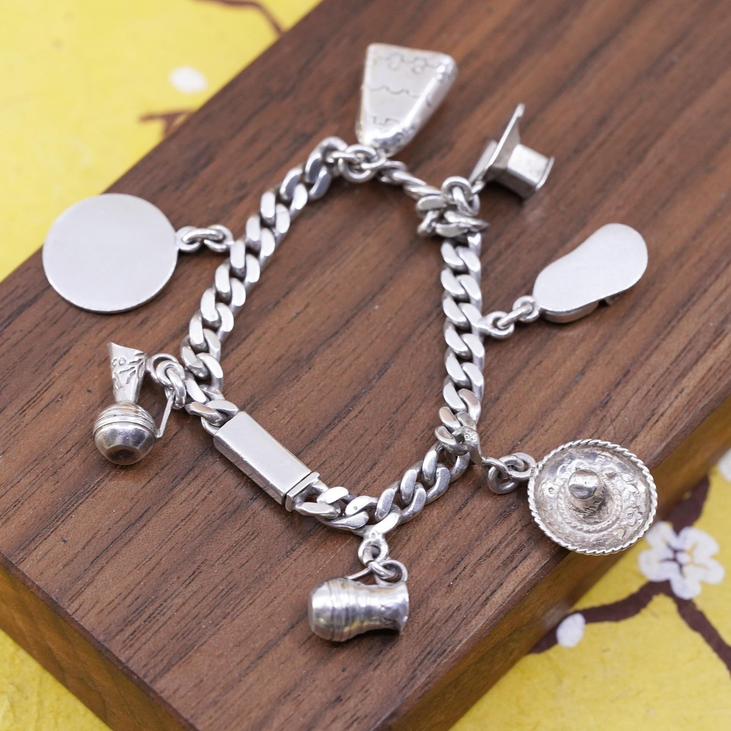 5”, Mexico Sterling Silver 925 Sombrero Mayan calendar sandal Charm Bracelet