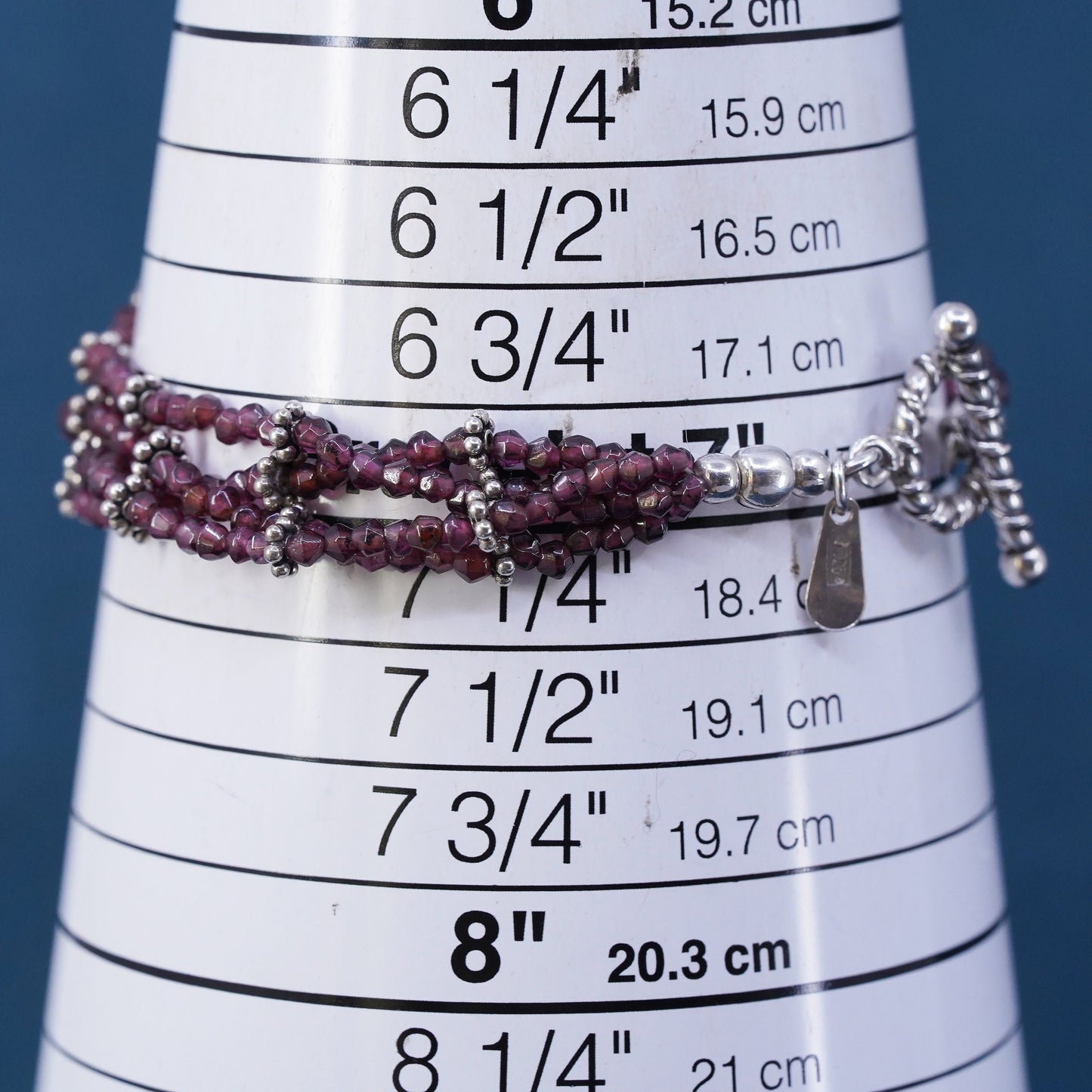 7”, sterling 925 silver handmade bracelet, multi strands garnet beads chain