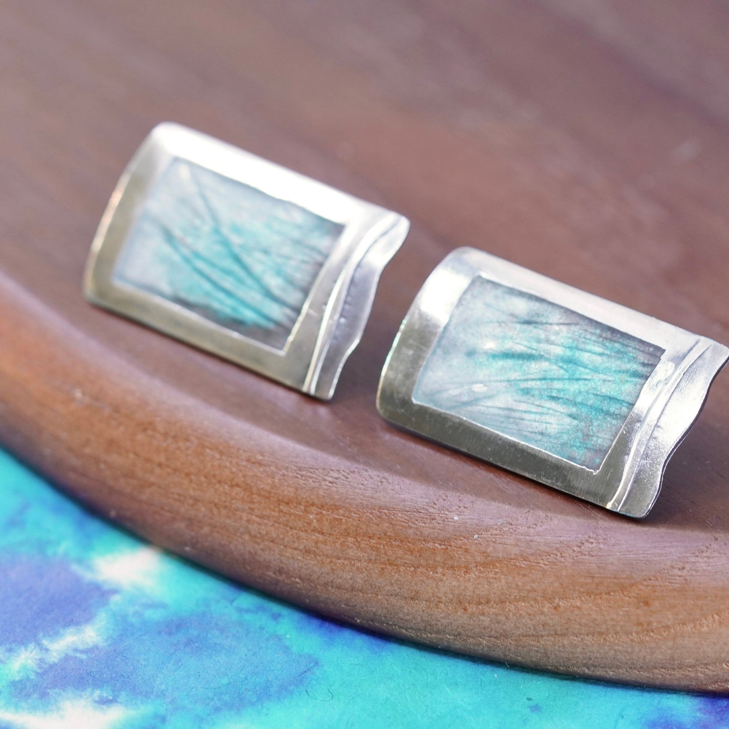 unique Sterling silver handmade earrings, rectangular studs with grass texture