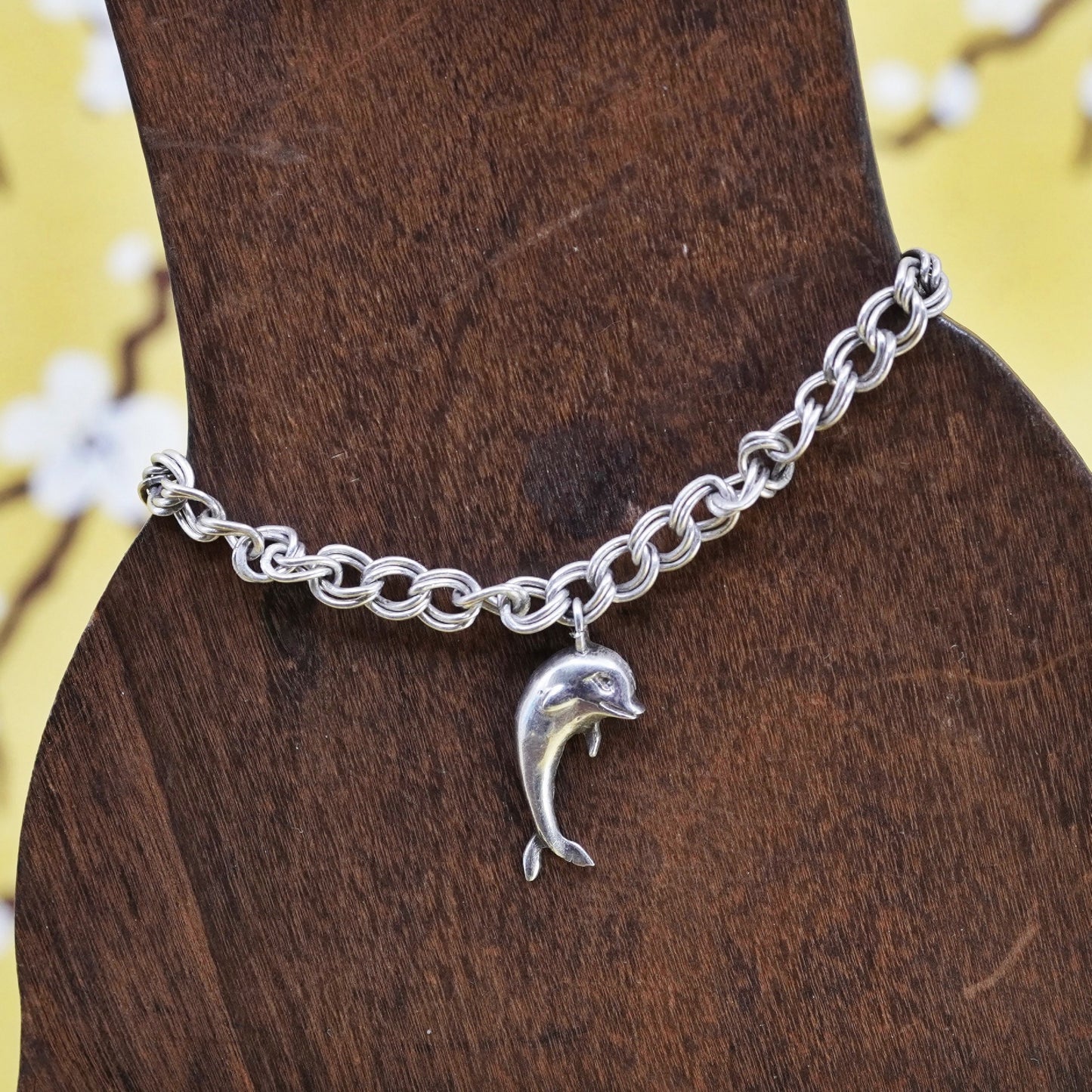 6.5”, Sterling silver double curb bracelet, 925 chain bracelet dolphin charm